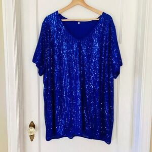 Royal blue Womens Sparkly Sequin V-Neck Short Sleeve Sheer Tee Plus Size 5X
